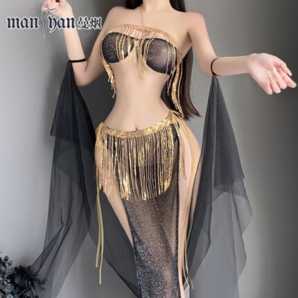 Manyan antique sexy lingerie sexy exotic dance girl tassel sequins split lace-up skirt uniform suit