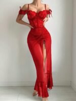 sexy Lace Patchwork Lingerie Set with Lace Trim, Off-Shoulder Straps, Sheer Mesh Women's Nightgown