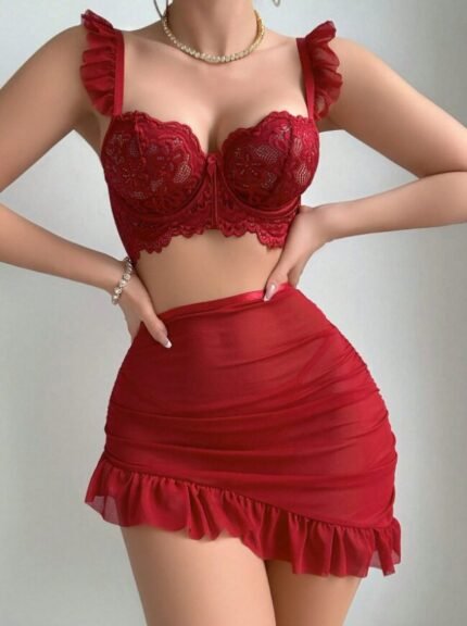 Sexy Short Skirt Flower Lace Sleeveless 3pcs Set