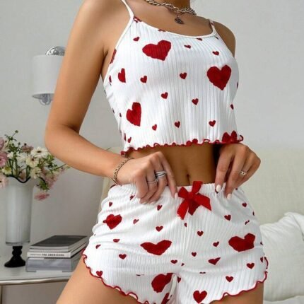 Heart Print Cami Top & Shorts Pajama Set White Set