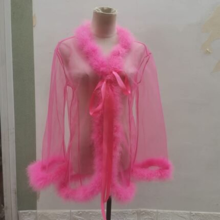 Women's Short Furry Bathrobe Transparent Gown Suit 2pcs